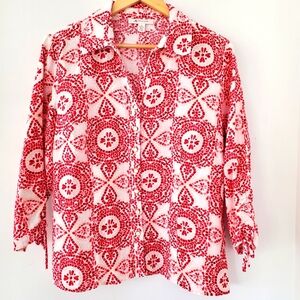 JM COLLECTION Sz 12 100% Linen 3/4 Sleeve Button Up Top Boho Medallion Red White